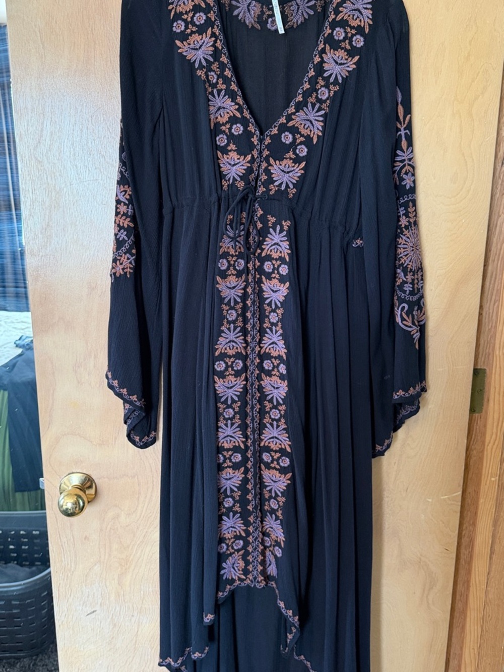Free People Black Maxi Dress with Lavender & Rose Embroidery